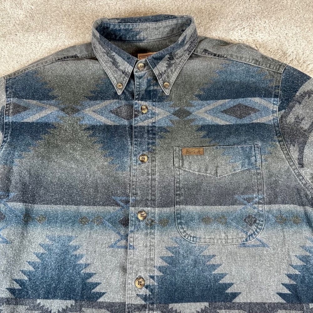 Woolrich Button Down Shirt Men Large Grey Blue Southwestern Aztec Cotton Flannel - Picture 2 of 12